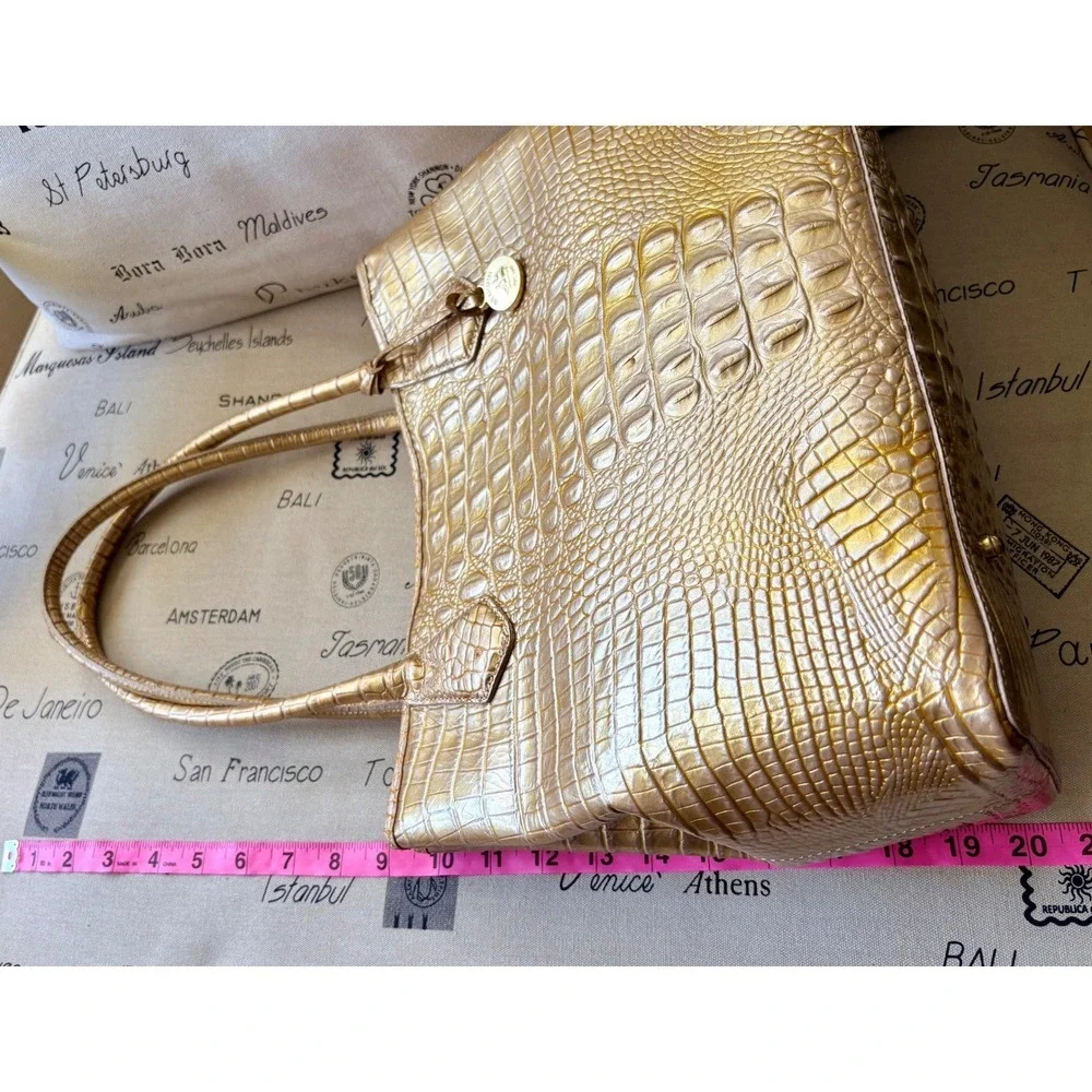 NWT Brahmin Sol Glossy Anytime Tote Gold Croc Embossed Leather Bag Neutral